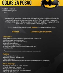 Sarajlije traže Betmena sa iskustvom