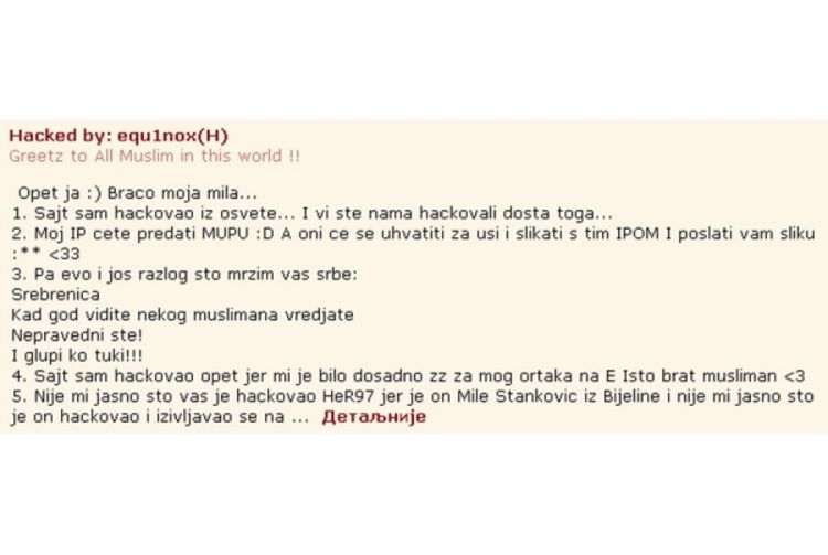 Hakovan sajt Eparhije zvorničko-tuzlanske, poruka mržnje Srbima