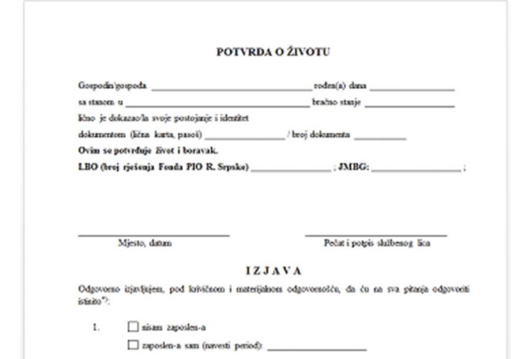 Fond PIO pozvao korisnike da dostave potvrdu o životu