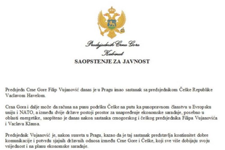 Vujanović se sastao sa pokojnim Havelom?