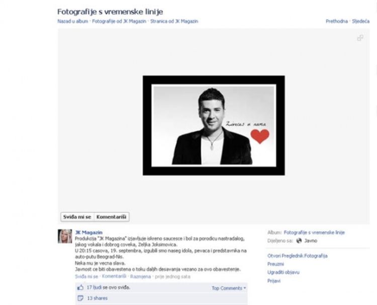 Vijest o tome da je poginuo Željko Joksimović koja je objavljena na Fejsu nije tačna