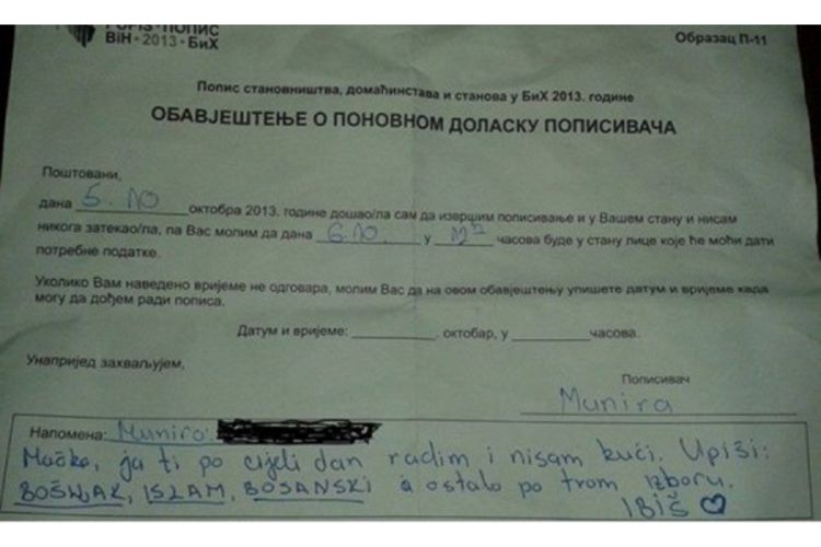 Poruka popisivaču: Piši po svom izboru
