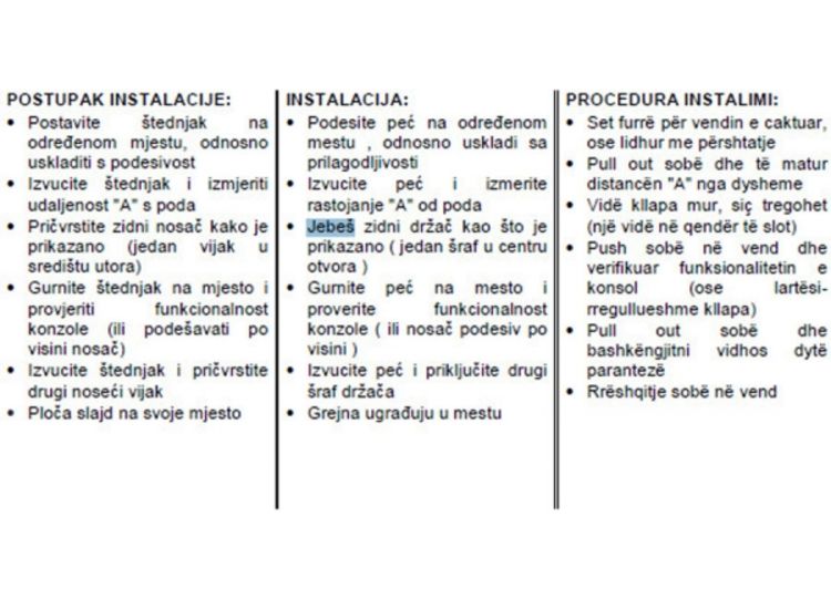 Uputstvo za šporet: Je*eš držač kao što je prikazano