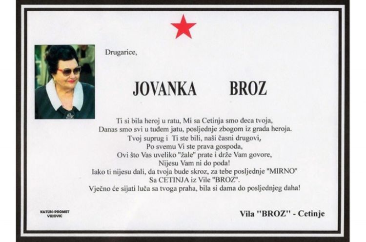 Na Cetinju čitulja za Jovanku Broz