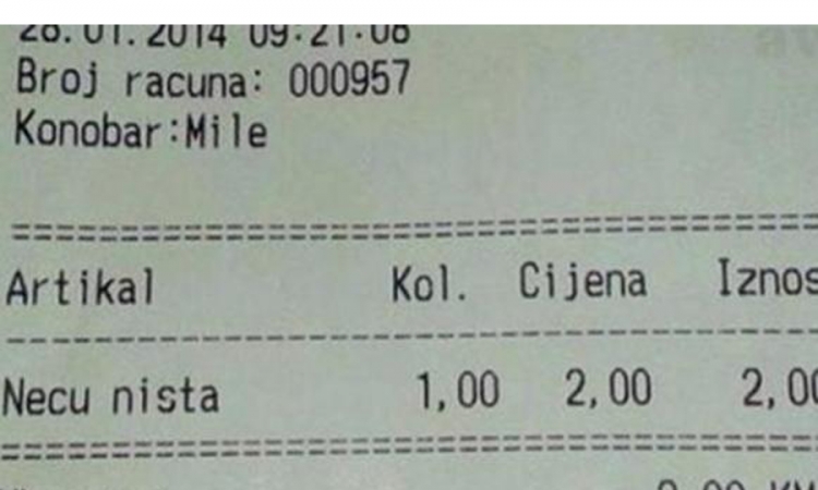 Konobar Mile "neću ništa" naplaćuje 2 KM