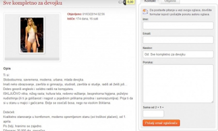 Traži seks robinju za stan i 200 evra