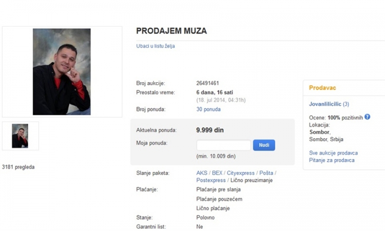 Prodaje muža na licitaciji, trenutna cijena 169 KM