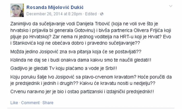 Mijolović-Dukić: Gadljivo gledati HRT koji vode Srbi
