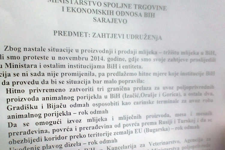 Šaroviću uručeni zahtjevi proizvođača mlijeka