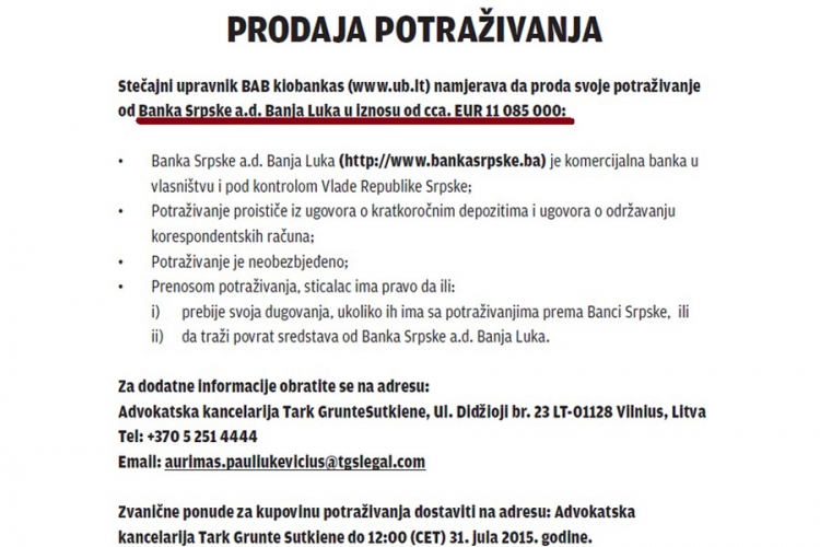 Ukio prodaje 11 miliona evra potraživanja od Banke Srpske