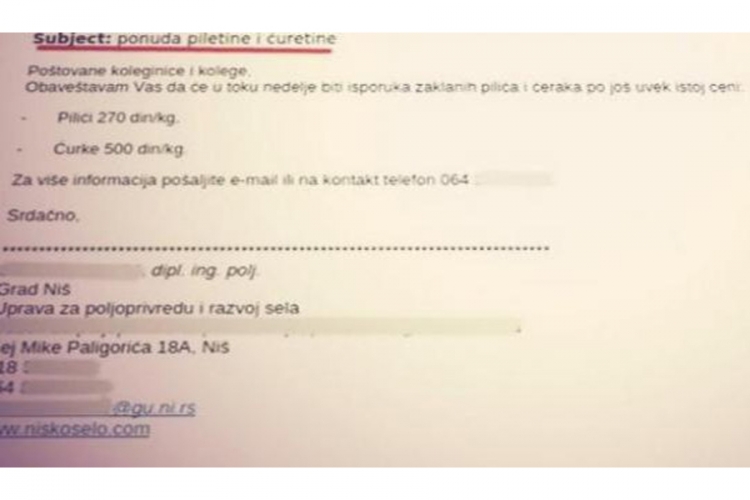 Sa mejla Uprave za poljoprivredu nudio piliće i ćurke