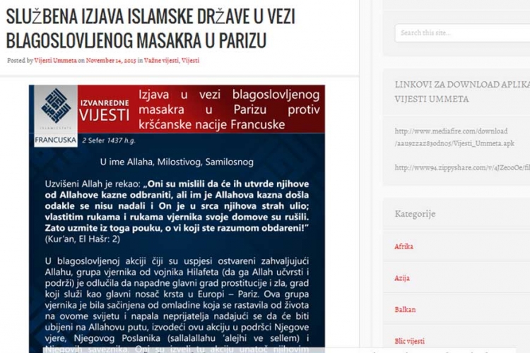 Portal na bošnjačkom Vijestiummeta slavi masakr u Parizu (FOTO)