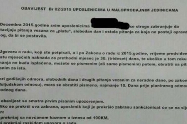 Firma u BiH zabranila radnicima da pitaju za platu i odmor