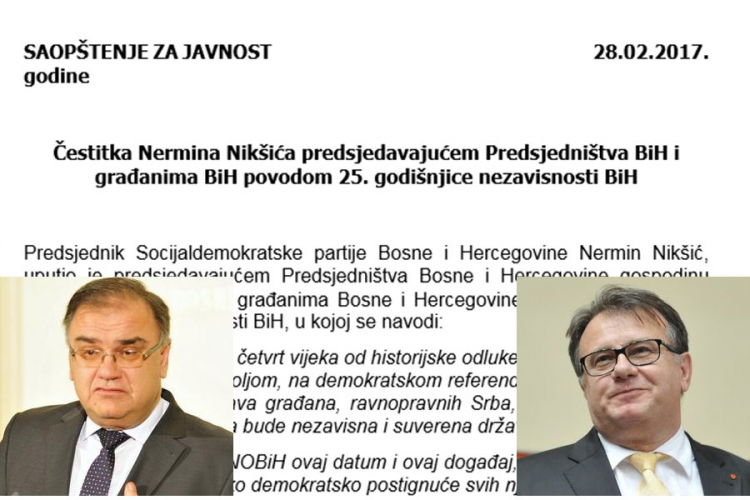 Nikšić čestitao Ivaniću Dan nezavisnosti BiH