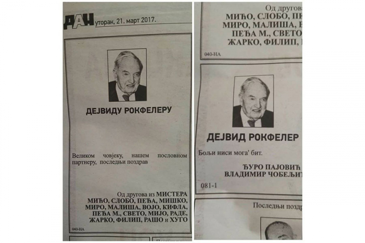 Crnogorci dali čitulje preminulom milijarderu: Rokfeleru, bolji nisi moga' bit