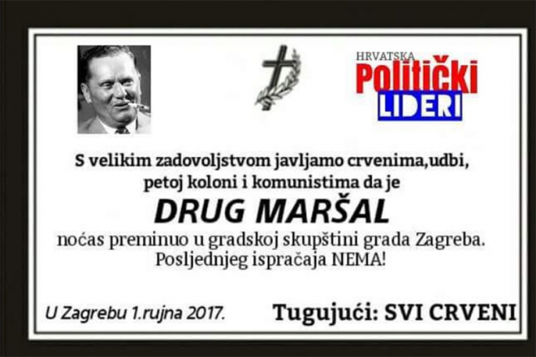 Mladi HDZ-a objavili smrtovnicu 'Drugu maršalu'