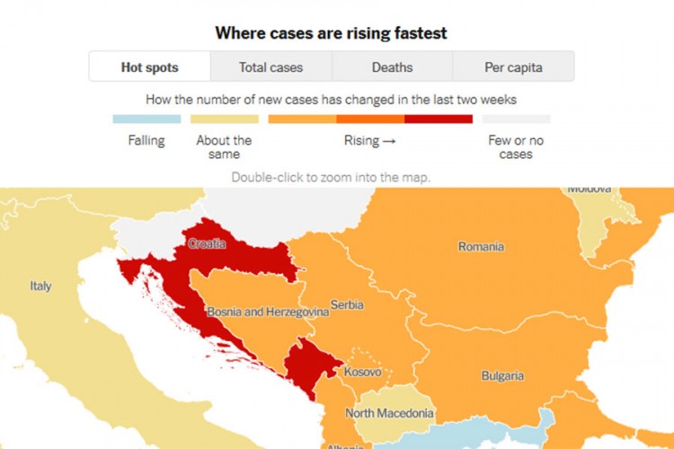 Korona-mapa NYT: Hrvatska i Crna Gora bilježe najveći rast zaraženih u Evropi