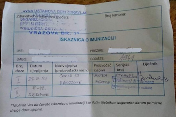 Potvrda o vakcinaciji u KS liči na nota račun
