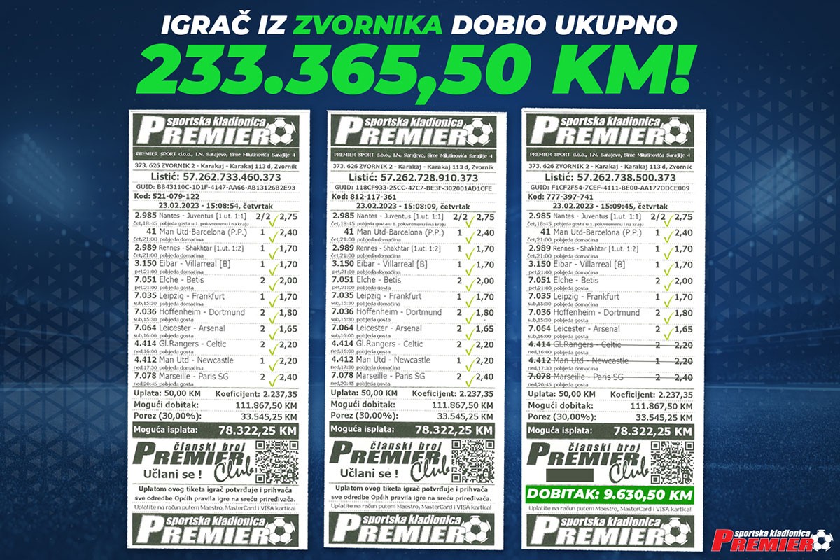 Sreća se nasmiješila igračima Premier kladionice: Zvorničanin i Sarajlija osvojili velike dobitke