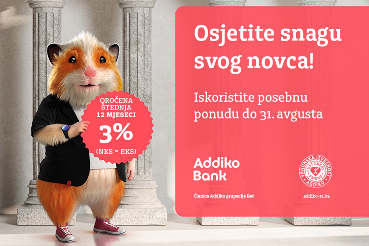 U Addiko banci Banja Luka kamatna stopa 3% na oročenje godinu dana