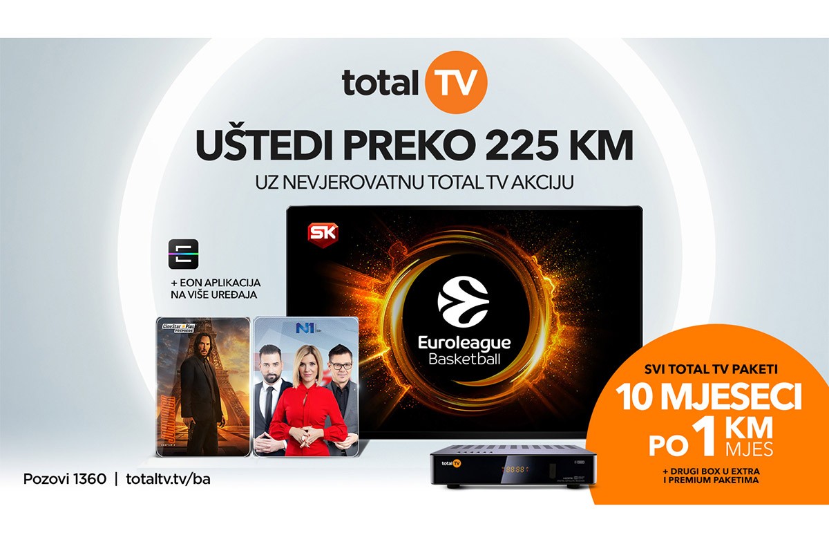 Izaberite svoj Total TV paket za samo 1 KM mjesečno u prvih deset mjeseci i uštedite više od 225 KM!