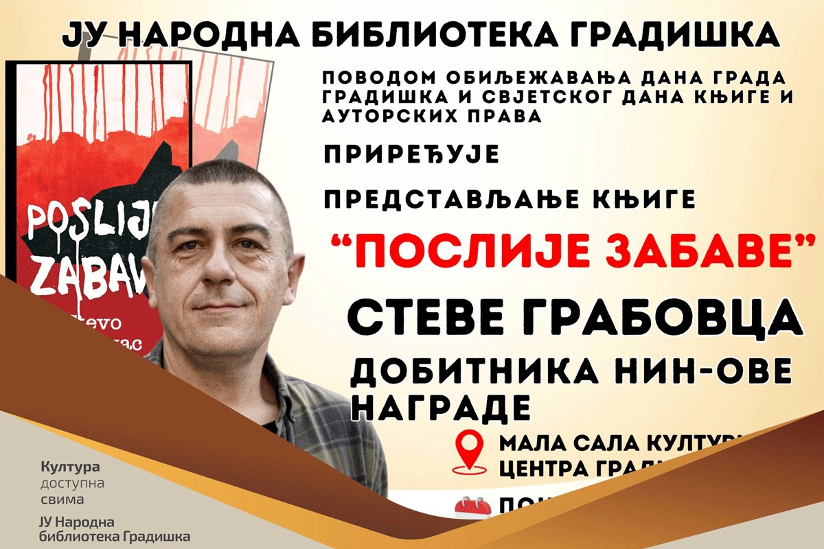 Promocija romana "Poslije zabave" Steve Grabovca u Gradišci