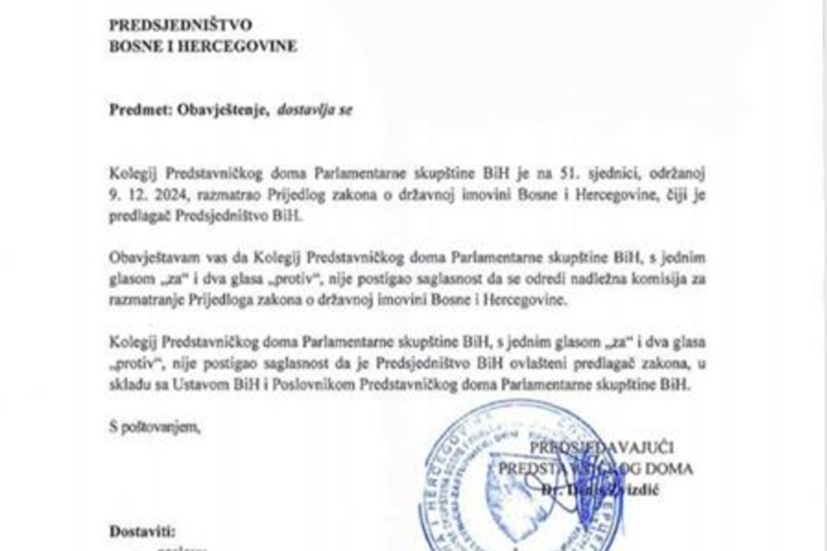 Kolegijum potvrdio da Predsjedništvo BiH nije ovlašteni predlagač zakona o državnoj imovini
