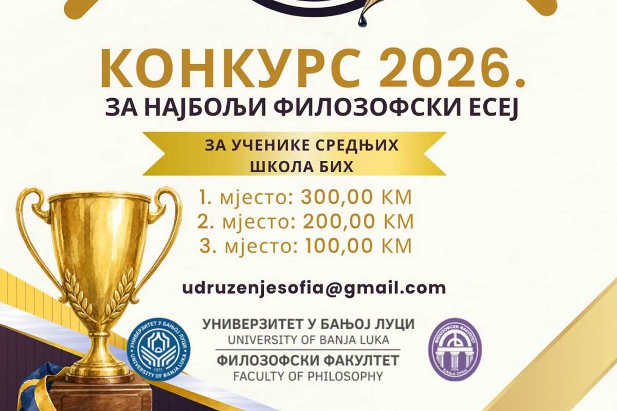 Nagrade za prva tri mjesta: Konkurs za najbolji filozofski esej 2026.